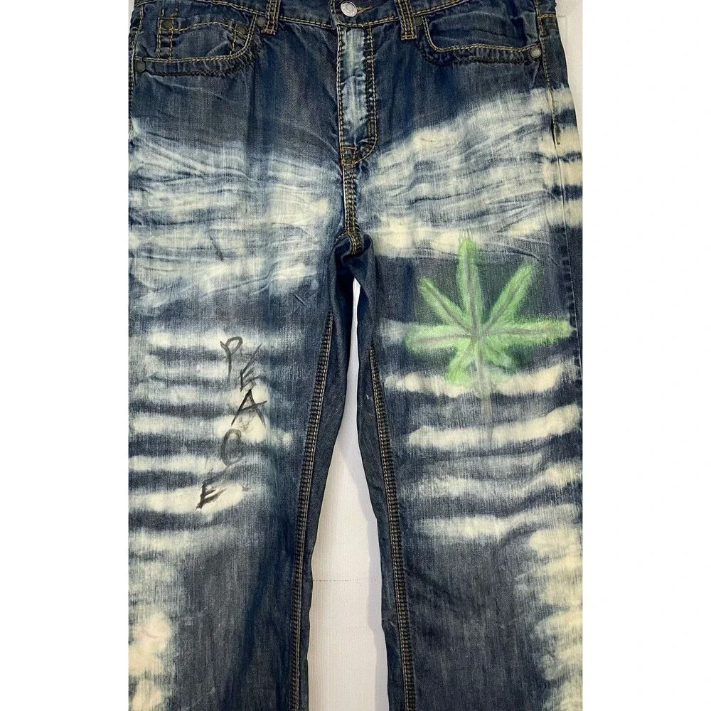 Helix 34 X 32 Men's Custom Graphic Denim Jeans - Peace & Leaf Bleach Wash